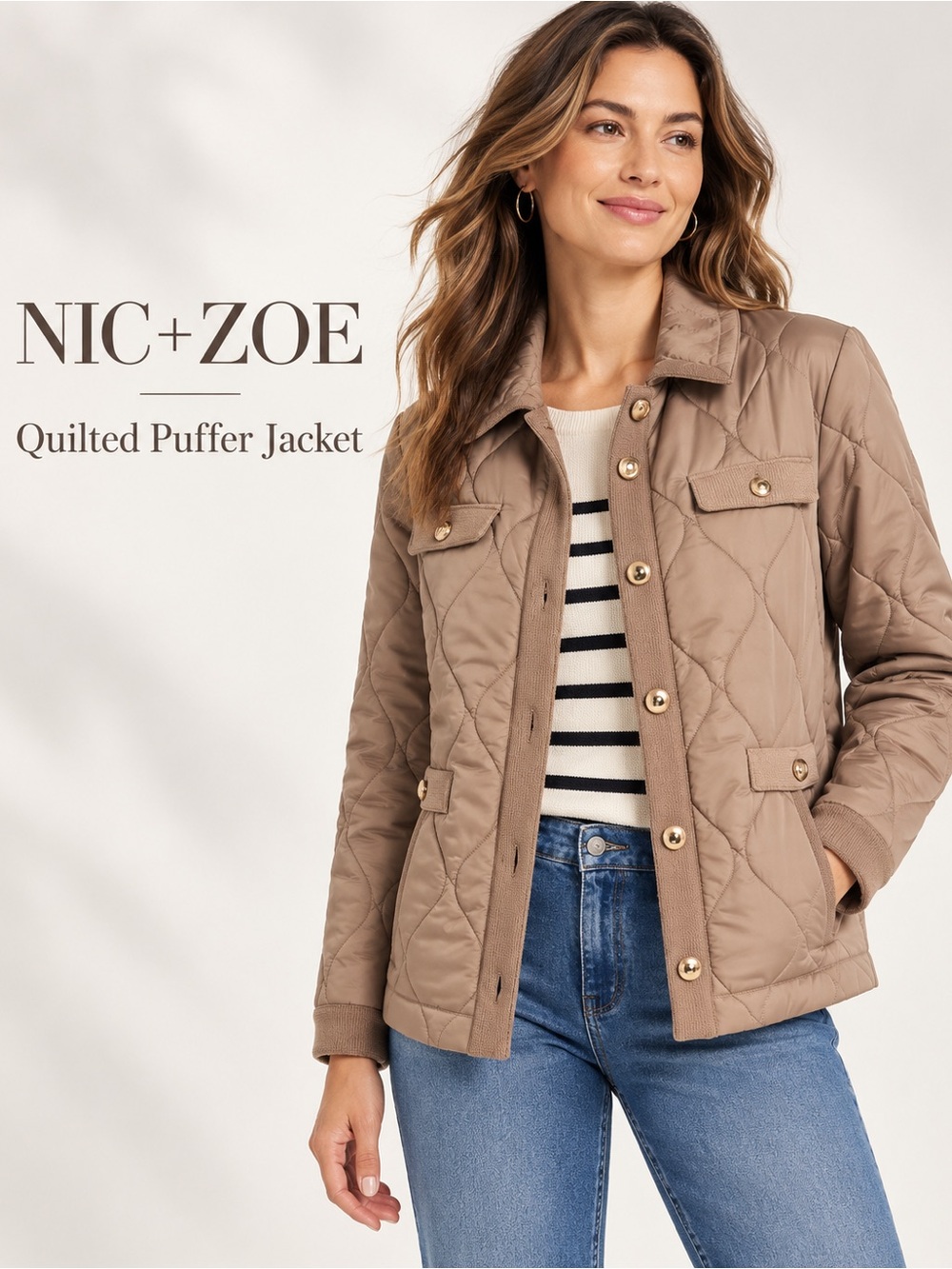 NIC+ZOE Taupe Quilted Lightweight Puffer Jacket